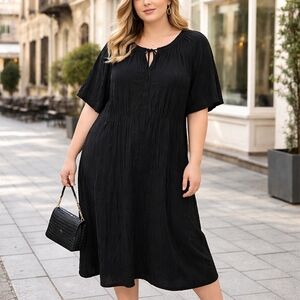 NWT Kaffe Curve Black Textured Midi Dress Plus Size Flowy Short Sleeve